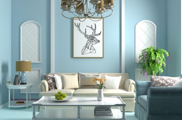 This living room is perfect for video meetings! The sofa is comfortable and the home is beautifully furnished with contemporary and modern pieces. The light blue walls and blue art add a pop of color