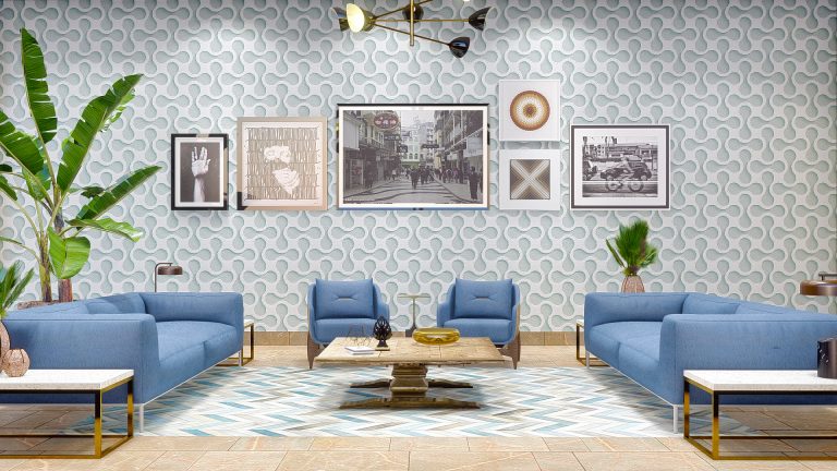 This modern living room is the perfect place for hosting video meetings. The blue shades in the wallpaper and rug create a contemporary and elegant look